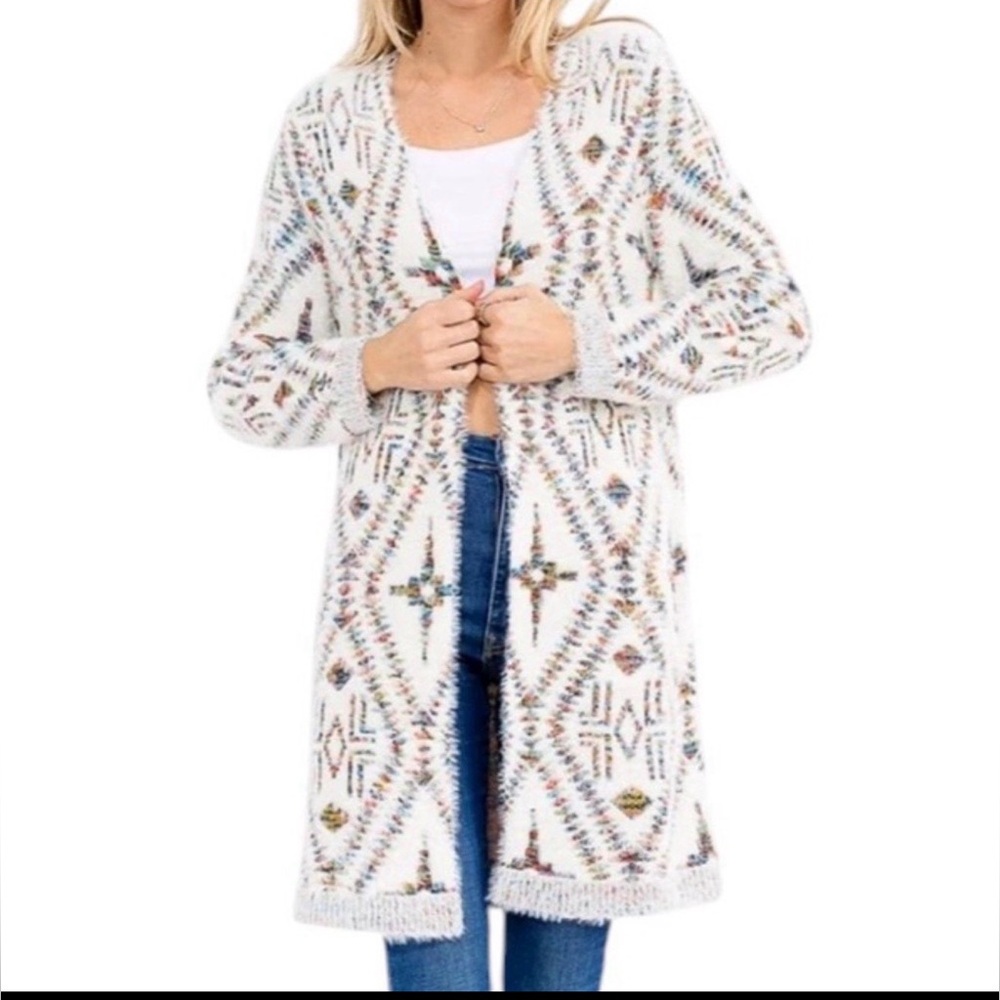 Multi Cream Maxi Duster Sweater Open Cardigan Aztec Boho NWT Large
